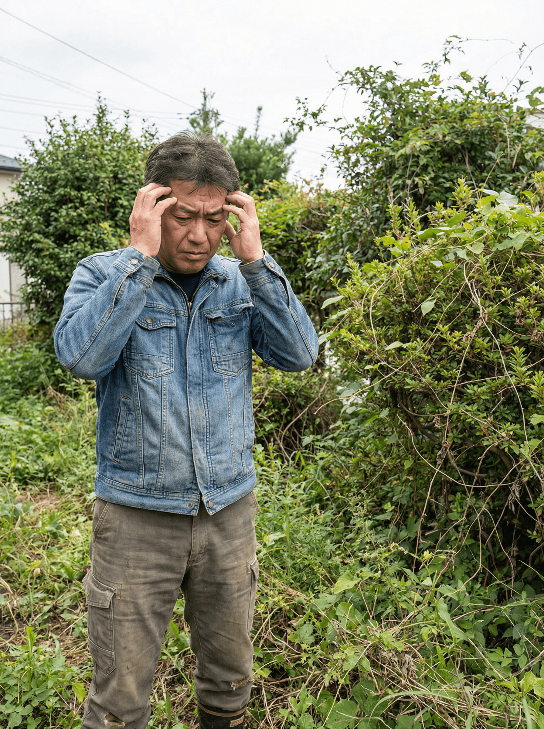 伸び放題の枝葉を見て、頭を抱える中高年の男性