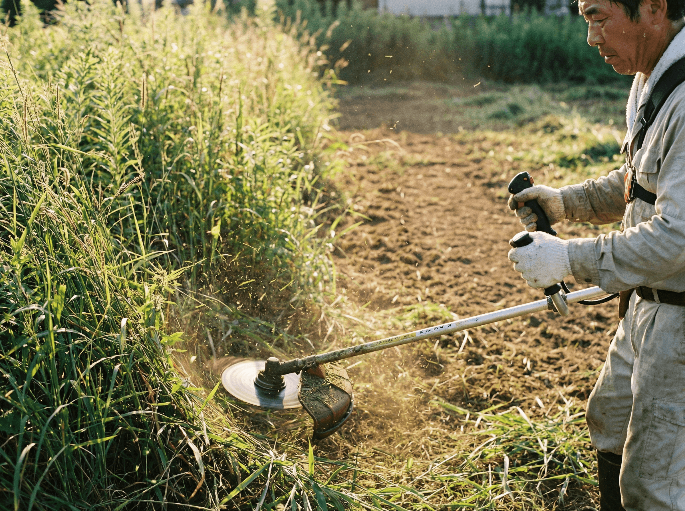 雑草が生い茂った地面が、手際よく美しい土壌へと変わっていく作業風景