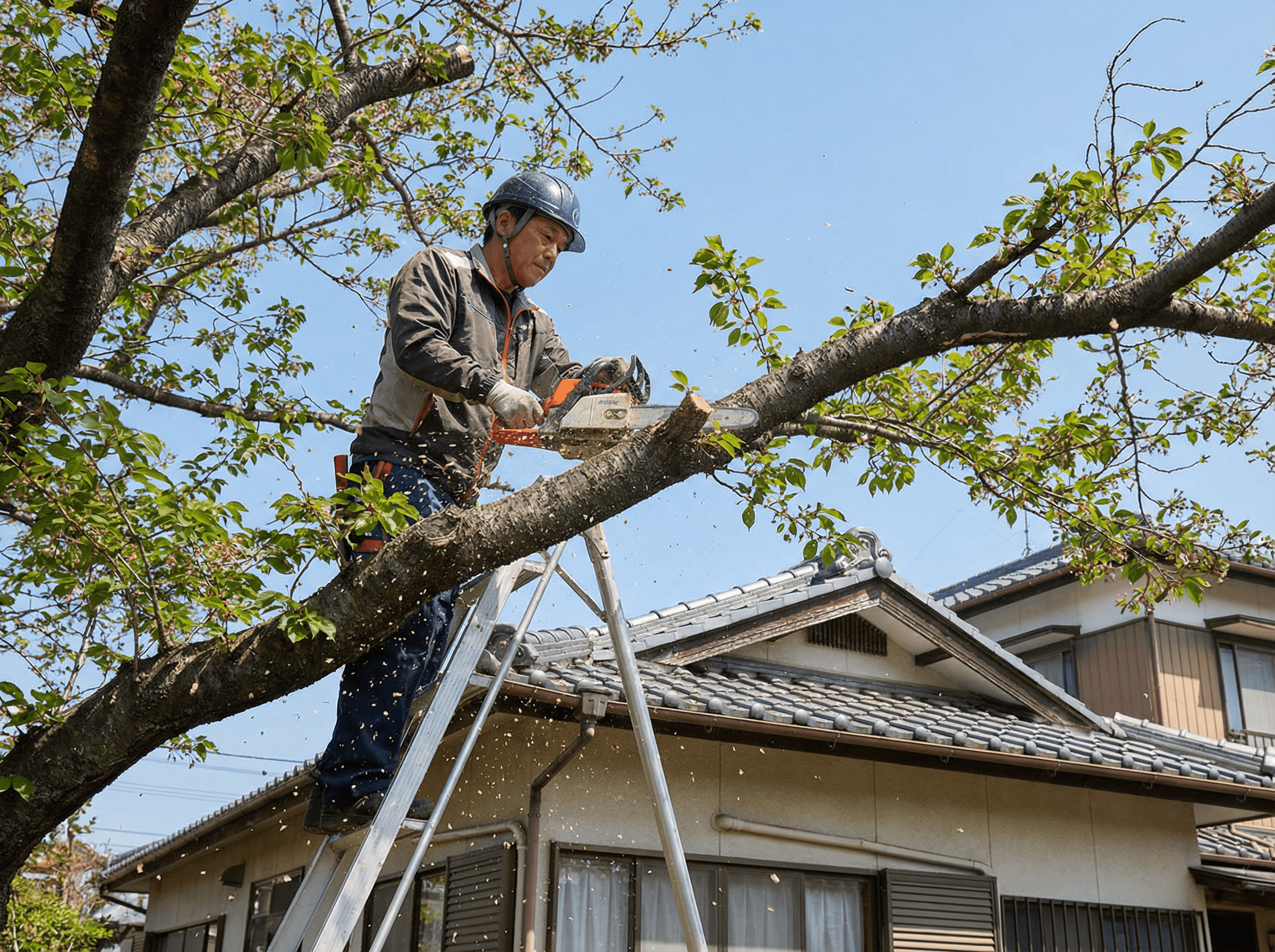 職人が高所作業車やハシゴを使い、丁寧に大木の枝を剪定するダイナミックな画像