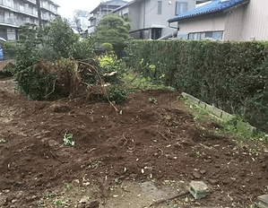 植栽を抜き取り整地した庭の工事風景